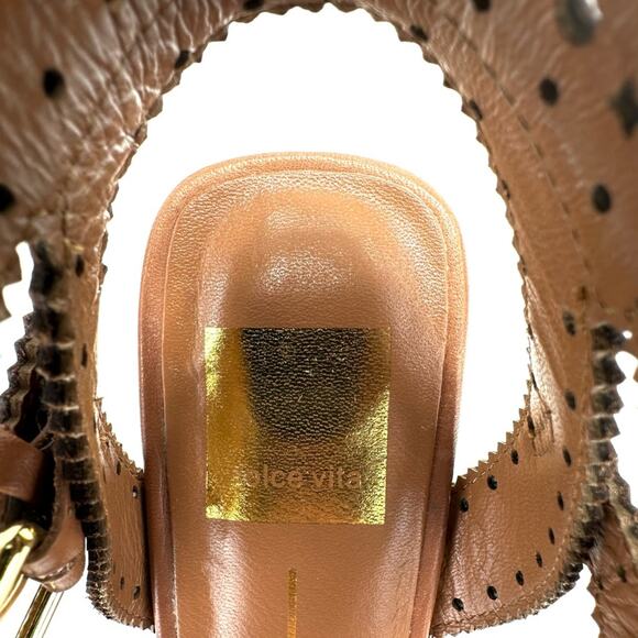 Dolce Vita Straps Sandal Sz 9.5 Brown Leather Gold Block High Heel Laser-Cut New - Picture 9 of 15